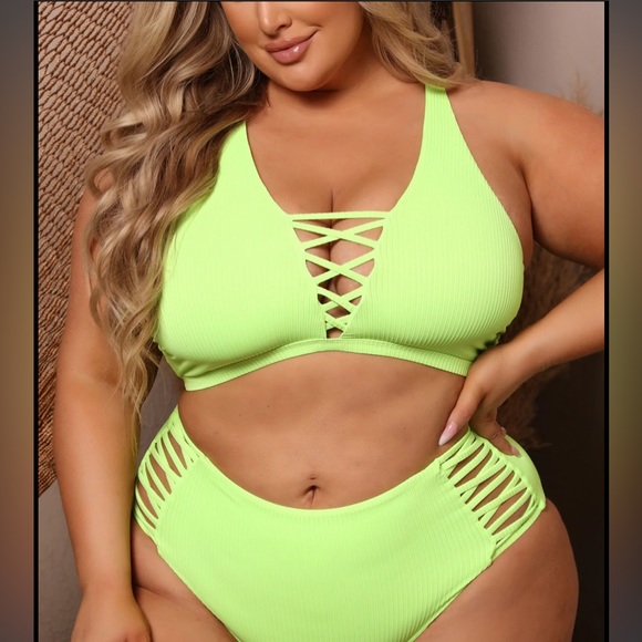 NEW Coastal Waves Caged High Waist Halter Plus Size Bikini Set Lime Green NWT 3X - Picture 3 of 12